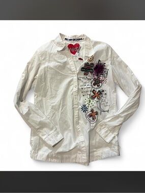 Y2K Desigual White Embroidered Button-Down Shirt XS